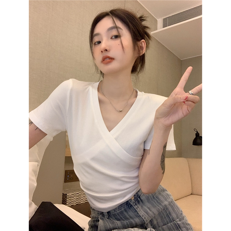 金靓 官图 90聚酯纤维10氨纶 正肩T恤修身小众打底衫内搭短款上衣