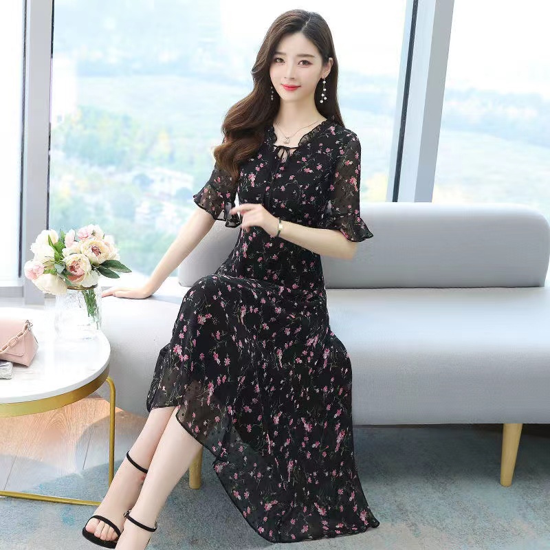 2024夏季新款现货！显瘦气质小碎花雪纺大摆长袖长裙，是女神范标配？