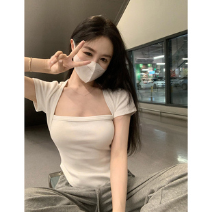薄款 港味方领t恤女秋季 性感辣妹短袖 纯欲短款 设计感上衣 白色修身