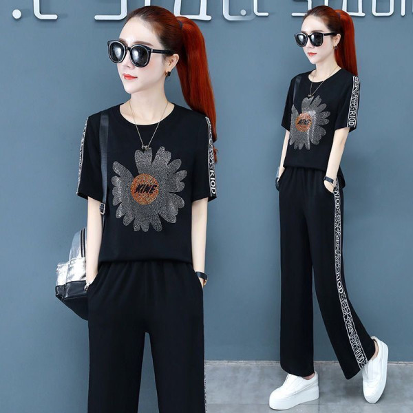 636#小雏菊烫钻休闲运动套装裤女2025夏季新款时尚大码宽松两件套