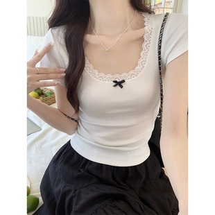 上衣 现货 纯欲蕾丝花边蝴蝶结短袖 正肩u领t恤女夏季 辣妹修身