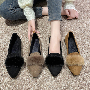 女单鞋 春秋单鞋 防滑毛毛瓢鞋 软底舒适平底中年孕妇鞋 女绒面妈妈鞋