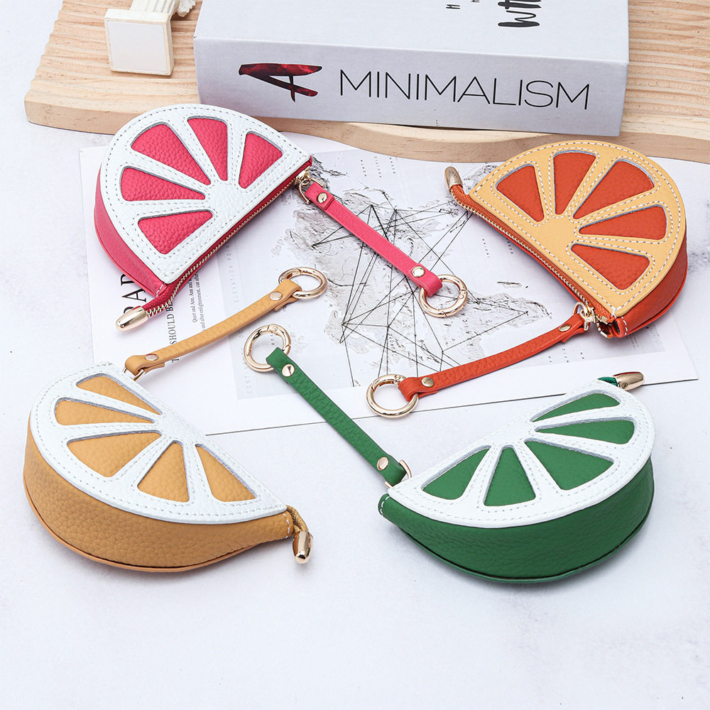 头层牛皮零钱包小众设计硬币包真皮迷你小包钥匙扣包包挂件橘子包