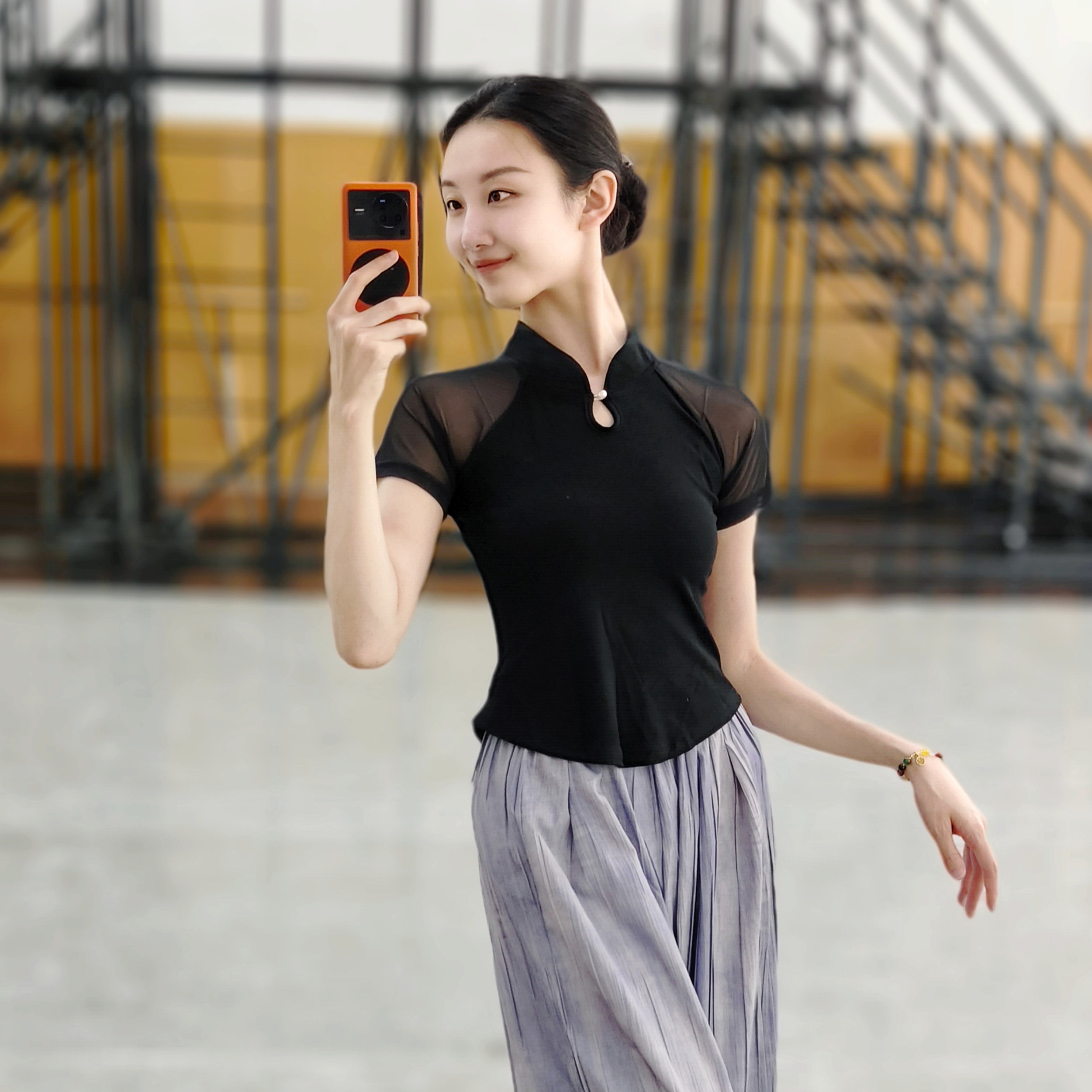 短袖古典舞立领纱衣身韵舞蹈服中国民族舞练功服中国古风旗袍上衣