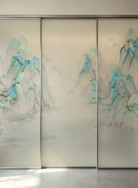 玻璃贴纸山水画中式磨砂透光不透人静电水墨贴画玻璃门办公室