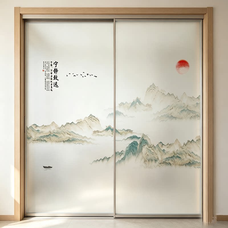 玻璃贴纸中式山水字画办公室静电贴膜透光不透明客厅玻璃门装饰