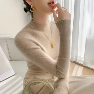 新款100%纯羊绒半高领羊绒衫女打底衫无缝修身内搭针织套头毛衣