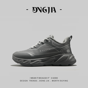 轻厚底灰色百搭皮面防水老爹鞋 低帮加绒保暖运动鞋 女 冬季 外贸男鞋