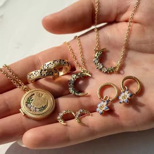 英国代购Fable England金色龙葵月影花项链耳环手链 手工绘制珐琅