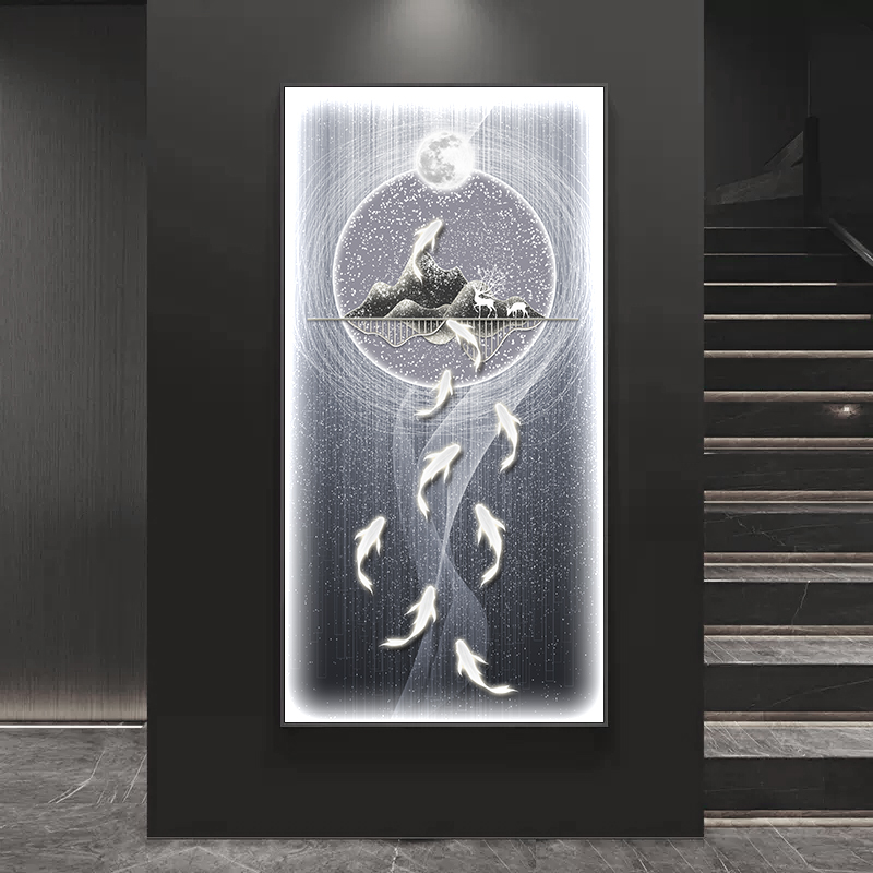 九鱼led灯 玄关装饰画客厅过道壁画走廊晶瓷挂画现代简约高级感画图片