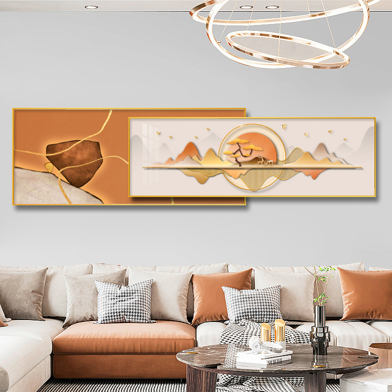 发财有鹿双层叠框轻奢客厅装饰画沙发背景墙挂画横版大气办公室画