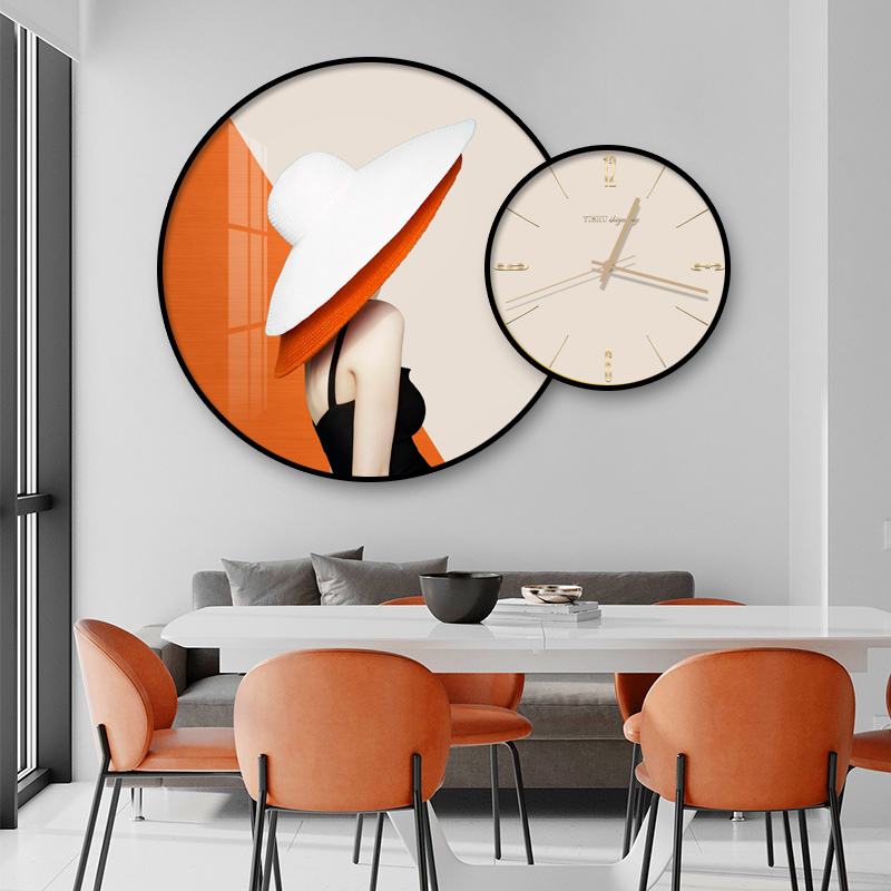 餐厅装饰画带时钟表人物饭厅墙面挂画圆形画创意客厅高档挂钟壁画