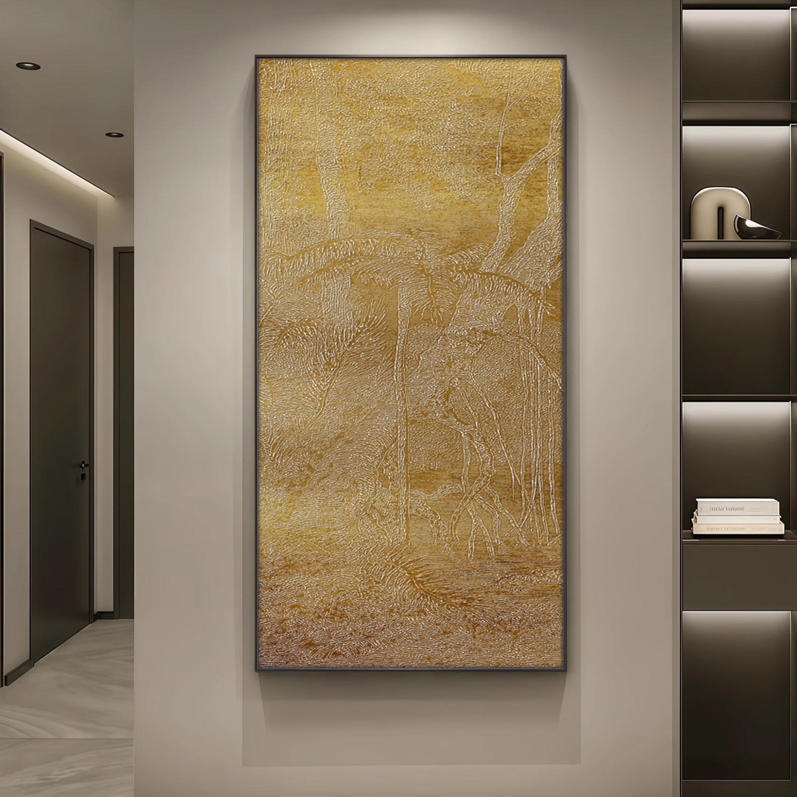 树林景入户玄关装饰画酒店过道走廊新中式肌理浮雕画高档客厅挂画图片