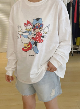 自留！宽松大版肥版竹节棉卡通印花米妮百搭长袖防晒度假t恤