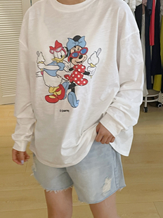 自留！宽松大版肥版竹节棉卡通印花米妮百搭长袖防晒度假t恤