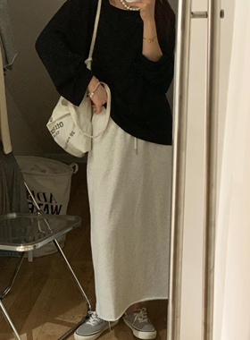 New 韩国订单  百搭舒适宽松显瘦  花灰色卫裙  中长款半身裙女