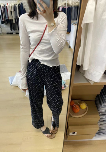 超级好穿！夏季休闲百搭弹力慵懒宽松不挑人松紧腰碎花花边直筒裤