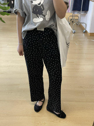 new！夏季宽松慵懒百搭松紧腰花边九分裤少女感波点弹力休闲裤