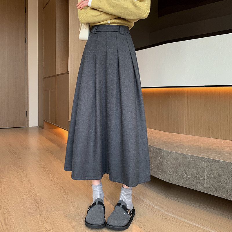 秋冬学院风学生气质毛呢显瘦大裙摆高腰压皱A字半身裙过膝长裙女