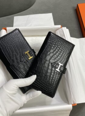 黑色美洲凯莉长款钱夹方块皮雾面皮手工钱包卡包全真皮包邮