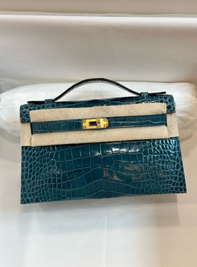 方块美洲鳄凯莉一代进口鳄鱼皮亮面女包手拿包纯手工蜡线手提晚宴
