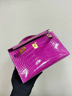 KL22cm进口鳄鱼皮亮面女包手提包手工蜡线凯莉包天方夜谭紫手拿包