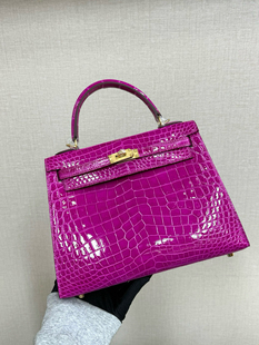 25cm凯莉包进口鳄鱼皮亮面女包单肩手提包手工蜡线缝制天方夜谭紫