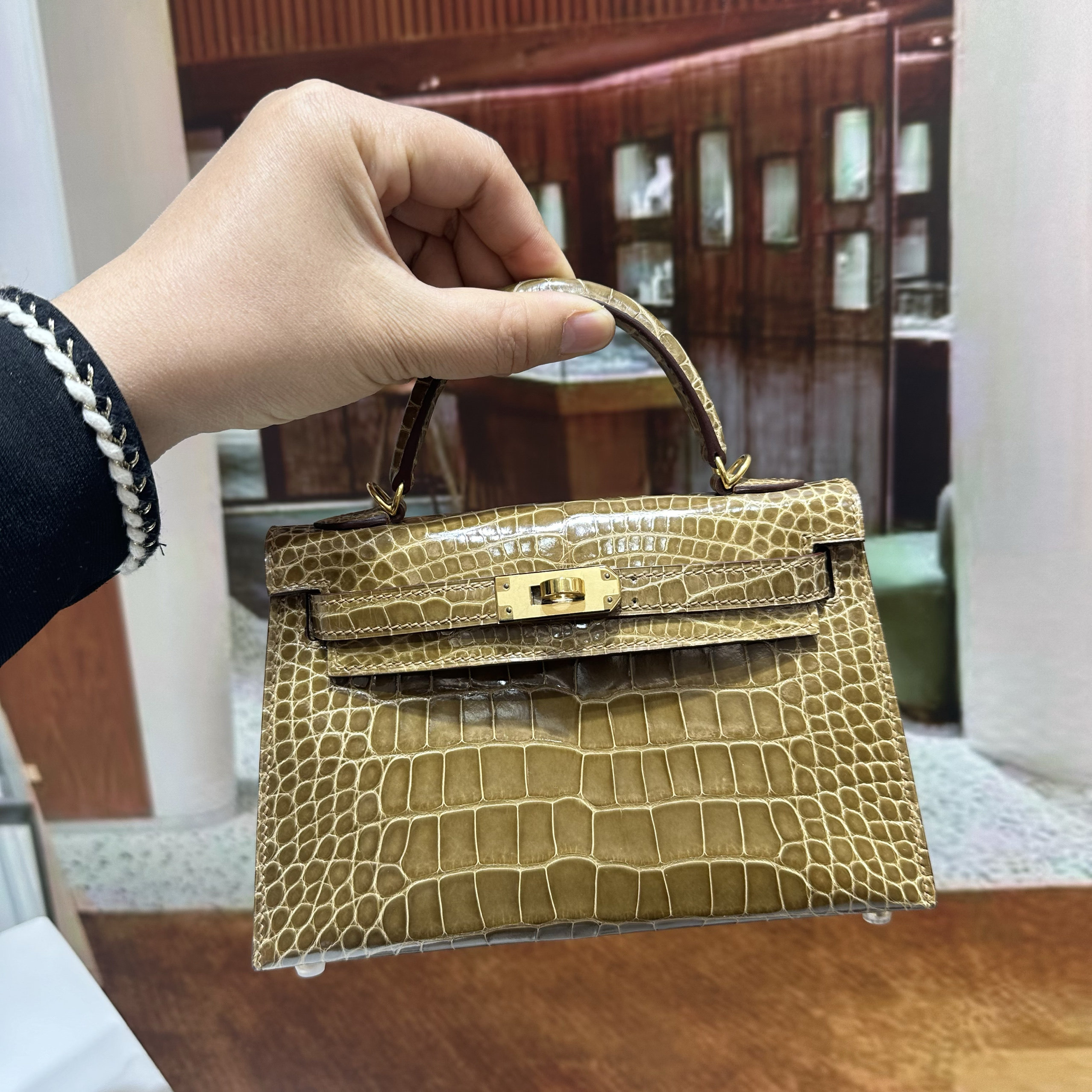 桃红色凯莉二代19cm进口hcp美洲鳄鱼皮亮面纯手工单肩手提斜挎包