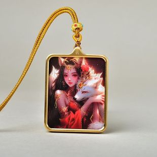 民族风手绘描金狐狸凤九尾狐牌护身符吊坠唐卡项链藏式手搓绳挂件