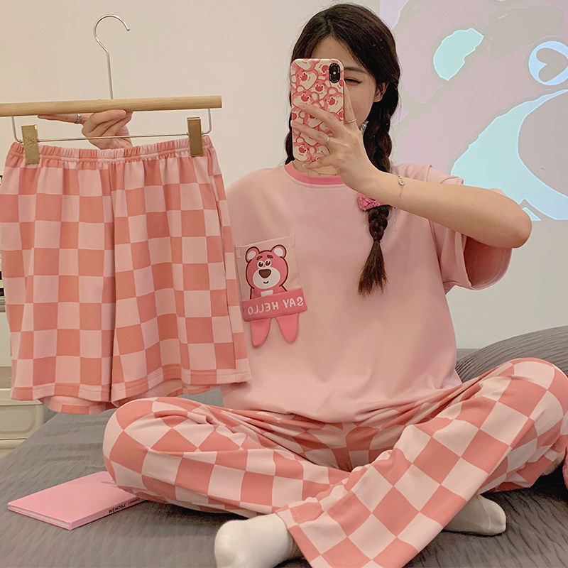 情萌新款夏季睡衣女三件套少女学生双短长裤清新薄款可外穿家居服