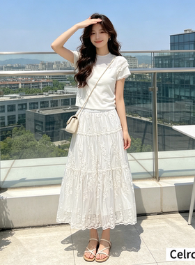 26新款白色蕾丝刺绣半身裙女高腰显瘦a字伞裙垂感大摆