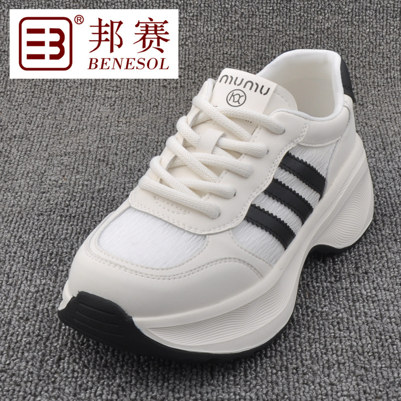 邦賽正品真牛皮板鞋輕巧耐磨阿甘新款女運(yùn)動(dòng)系帶透氣真皮網(wǎng)紗鞋子