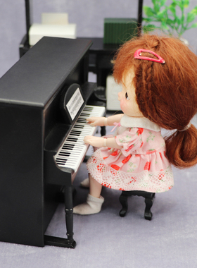 1:12娃娃屋dollhouse迷你家具微场景摆件模型黑色立式钢琴和琴凳