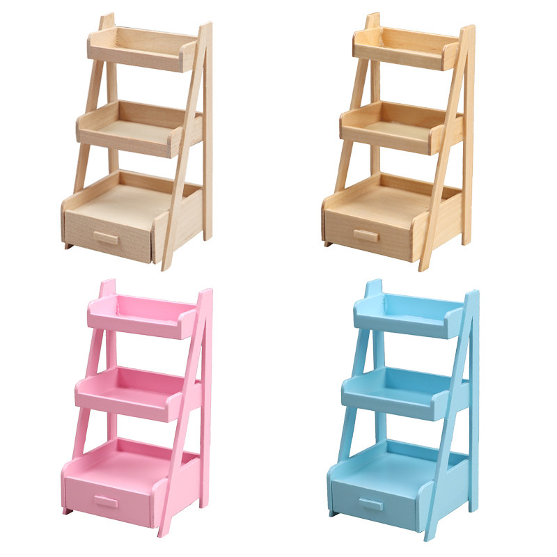 1:12娃娃屋dollhouse迷你家具模型微场景三层置物架抽屉彩色花架