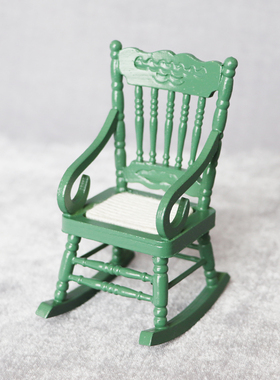 1:12娃娃屋dollhouse迷你家具模型 欧式复古墨绿色棉丝摇椅带扶手