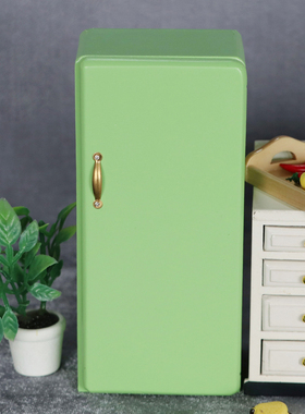 1:12娃娃屋dollhouse迷你家具厨房场景现代清新绿色单门冰箱模型