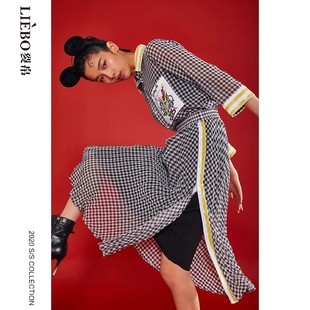 裂帛2020春季 潮ins撞色拼接织带松紧腰垂坠雪纺百褶格纹裙女 新款