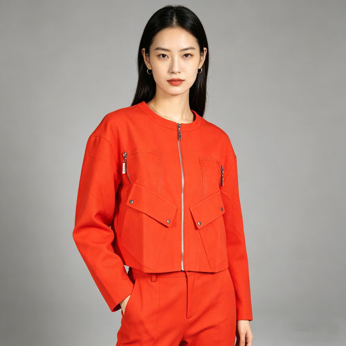 风笛 春秋桔红色短款外套女 圆领拉链工装风口袋设计感夹克61125