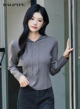 风笛2024冬百搭连帽抽绳修身短款针织衫显瘦上衣女1E45605原799