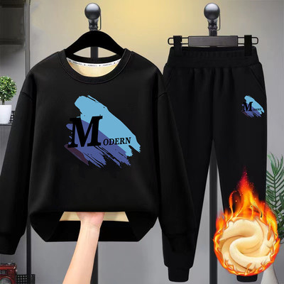 男童卫衣套装加绒加厚儿童一体绒胖童装冬装打底衫中大童薄绒套装