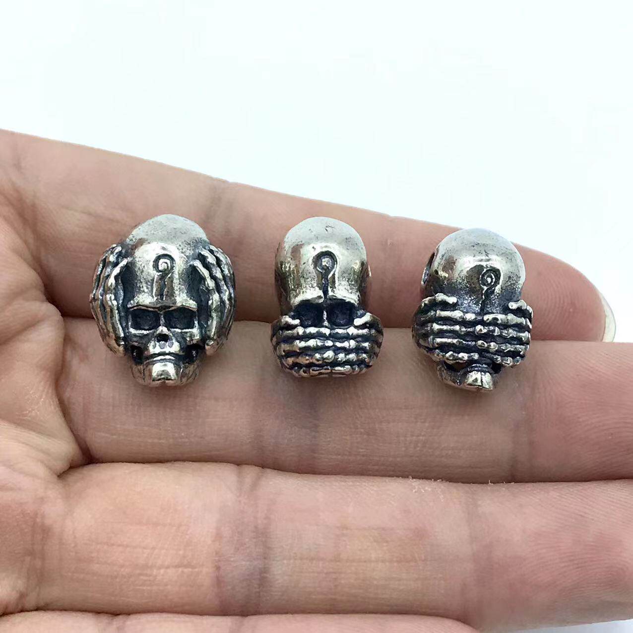 s925纯银三不骷髅三通佛头复古纯银不听不看不语骷髅头佛头吊坠
