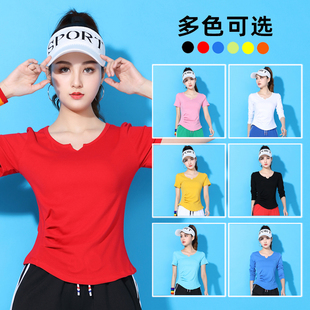 广场舞服装上衣纯棉V领短袖红色新款舞蹈练功服健身运动T恤女春秋