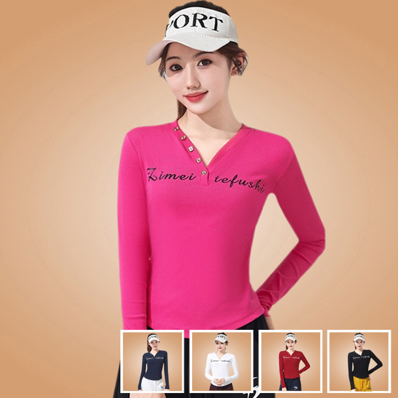 杨丽萍广场舞服装新款长袖V领上衣健身操跑步休闲舞蹈服印花T恤女