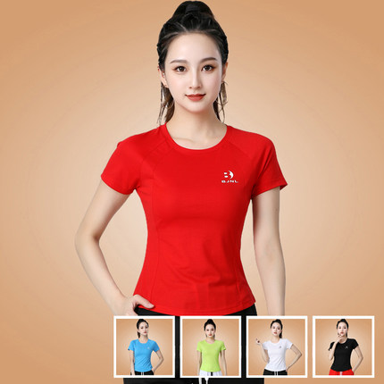 杨丽萍广场舞服装运动速干衣夏团体健身操跑步舞蹈服短袖圆领上衣