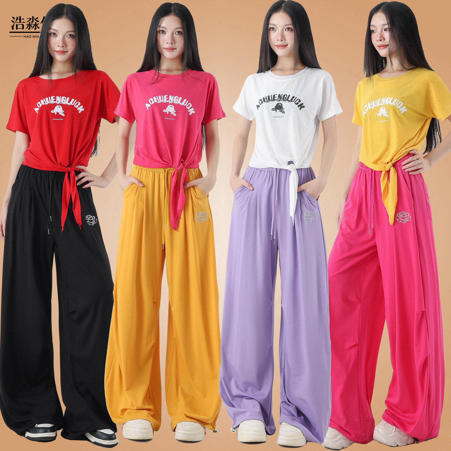夏季广场舞网纱短袖女运动两件套