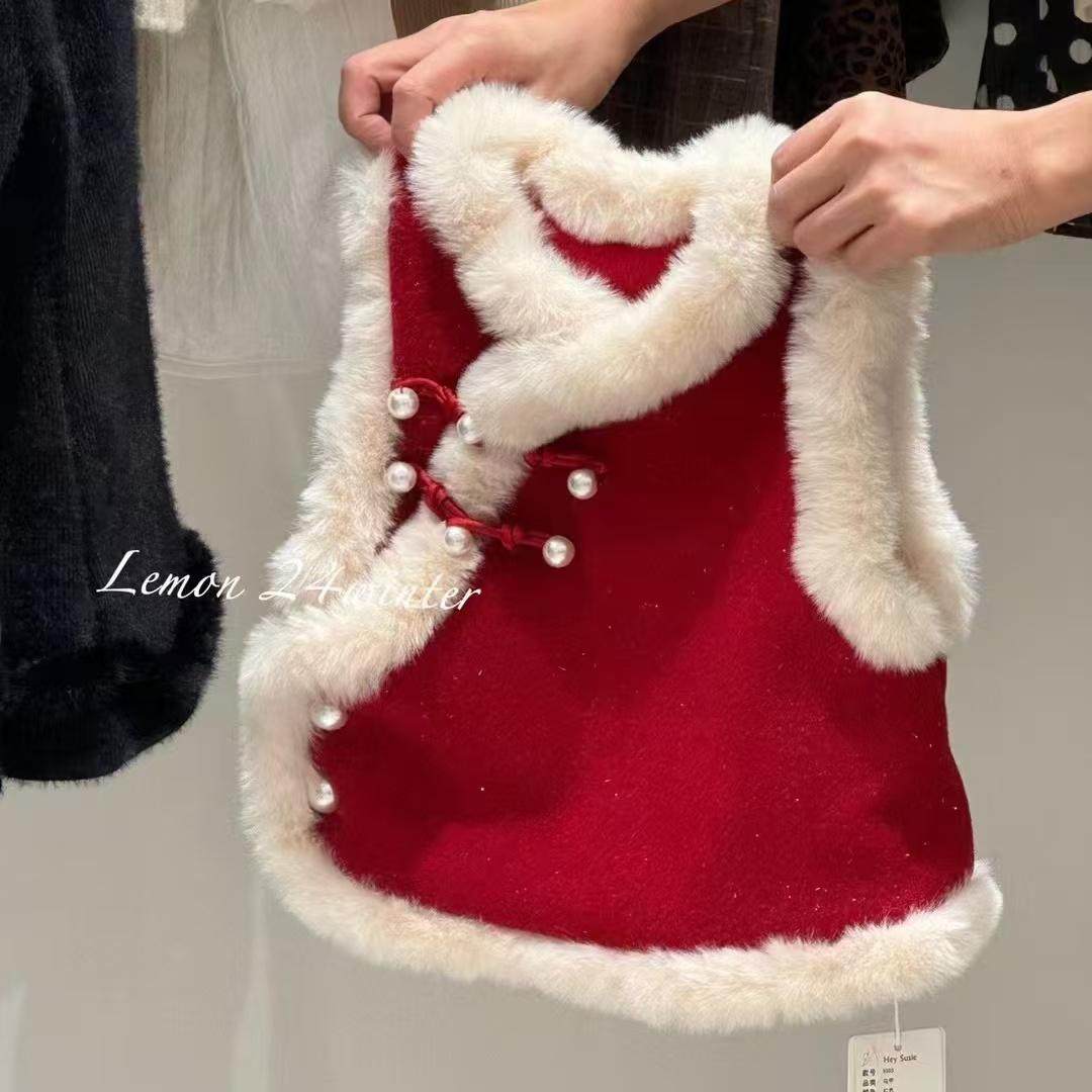 拜年服女童红色马甲冬季国风