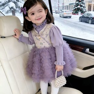 女童优雅立领蓬蓬裙冬季加厚中长款生日礼服公主连衣裙套装
