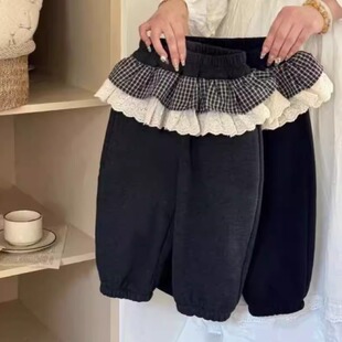 女童深秋冬季加绒卫裤中小童2025韩系花边格子百搭流行屁帘加绒裤