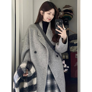 灰色毛呢外套女2023年新款 呢子大衣 秋冬装 韩系小个子高级感中长款