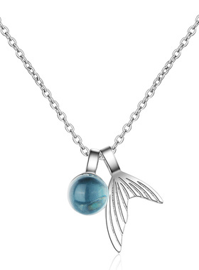 韩版蓝色水晶清澈水人鱼尾巴镀金项链少女学生简约甜美气质锁骨链